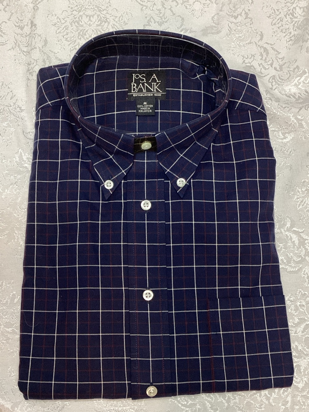 Jos. A. Bank Navy Plaid Button-Down Shirt with White and Red Windowpane